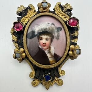 Antique Victorian hand painted portrait miniature gold gilt glass gems brooch